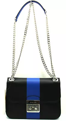 NWT Michael Kors Sloan Center Stripe Med Chain Shoulder Strap Leather Black Blue • $209.98