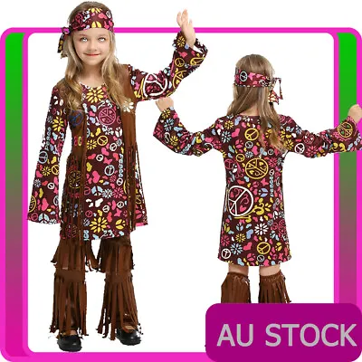 Kids Girls Hippie Hippy Costume 60s 70s Book Week Party 1970s 1960s Fancy Dress • $37.04
