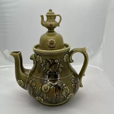 Vintage Large Olive Green Pear Teapot W/ Mini Teapot Finial 12.75  X 10.75  Exc. • $27.50