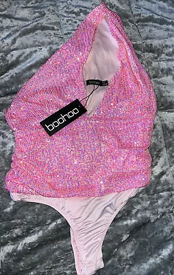 £9.99 • Buy Boohoo Pink Sequin Low Cut Halter Neck Body Suit Size 10 BNWT
