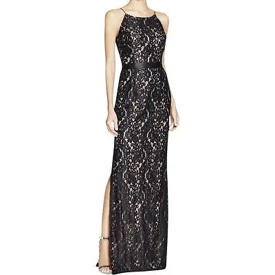 AIDAN MATTOX ~ Black Lace Overlay Banded Waist Side Slit Formal Gown 12 NEW $395 • $66.99