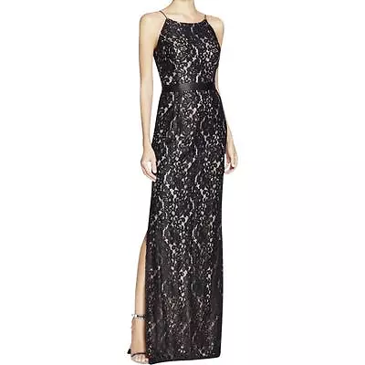 AIDAN MATTOX ~ Black Lace Overlay Banded Waist Side Slit Formal Gown 2 NEW $395 • $66.99