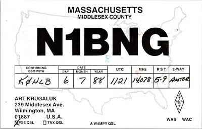 Vtg Ham Radio Cq Qsl Qso Postcard N1bng Wilmington Massachusetts Usa 1988 Stamp • $7.99