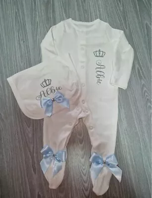 Newborn Baby Clothes Girl/boy Sleep Suit Romper Crown Bows Set Personalized • £14.99