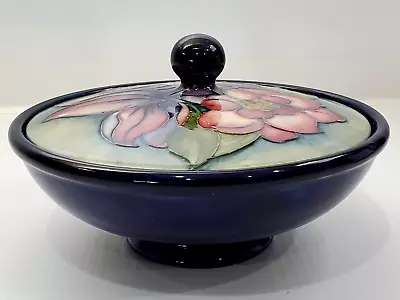 Signed Moorcroft Pottery Clematis Pattern Lidded Bowl Blue & Pink Clematis • $224.25