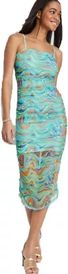 Wild Fable Small Blue & Orange Wave Print Sleeveless Ruched Sides Fitted Dress • $19.95
