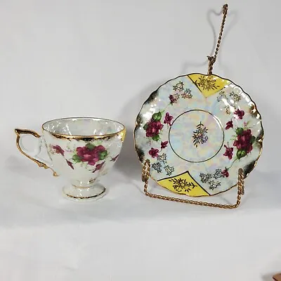 Ucagco Demitasse Tea Cup And Saucer Set Opalescent Red Flowers And Gold Trim • $14.99