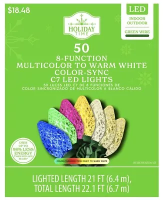 Holiday Time 50 8-Function LED Color-Sync Multicolor/White C7 Christmas Lights • $24.99