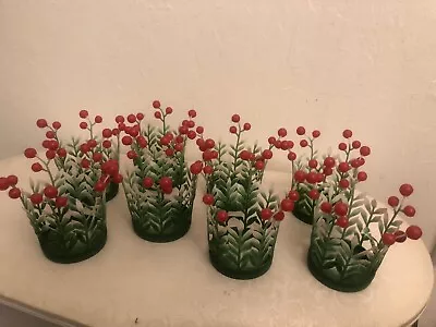 8 Kitschy Vintage Christmas Green & Red Plastic Holly Votive Candle Holders • $15