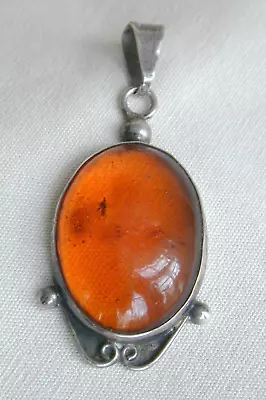 Vintage Mexican Sterling Silver Baltic Amber Pendant TM-269 - 2-3/4  X 1-1/2  • $36
