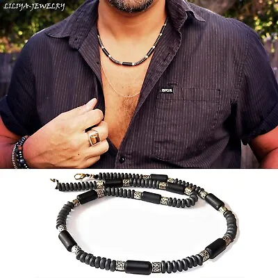 Men Choker Necklace - Onyx Handmade Necklace Men Beaded Choker - Surfer Necklace • $69