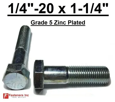 1/4-20 X 1-1/4  (PT) Hex Bolt Zinc Plated Grade 5 Cap Screw Coarse Thread • $9.81