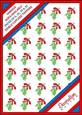 35 X Mistletoe Edible Cupcake Cake Toppers Wafer Icing Christmas Xmas Bow Kiss • £3.79