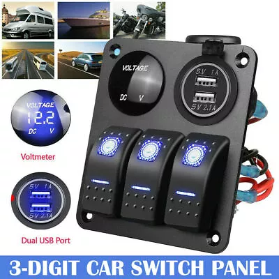 3 Gang 12V Switch Panel Car Boat Marine RV Rocker LED Dual USB Charger Voltmeter • $31.59