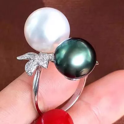 Charming  6-8mm South Sea Round White Black Pearl Ring 925s(tb) • $130.24