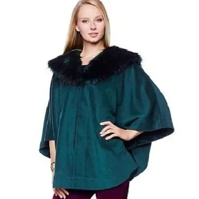 A By Adrienne Landau FOREST Cashmere-Like Cape W/Removable Faux Fur Collar  $224 • $68