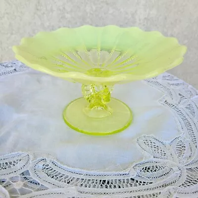Antique Northwood Canary Vaseline Opalescent Beaded Compote Glass Bowl GLOWS! • $95.50