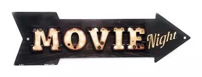 MOVIE NIGHT Vintage Light Bulb & Wood Look Novelty 17x5 ARROW Aluminum Sign • $8.96