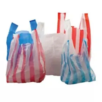 £8.60 • Buy Plastic Vest Carrier Bags Blue/white /red Candy Stripe Supermarket Shop Takeaway