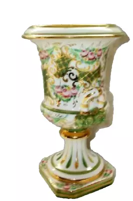 ITALIAN CAPODIMONTE URN VASE HP ROSES GILT LION HEAD HANDLES 1960s MID CENTURY • £71.23