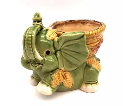 Vintage Majolica Style Ceramic Pottery Elephant Planter Green Glazed Trunk Up • $18