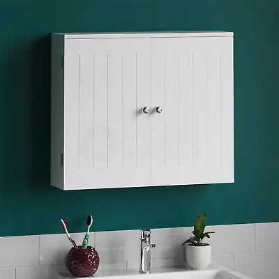 White Bathroom Wall Cabinet Storage 2 Door Cupboard MDF Shelves Vanity Unit • £28.99