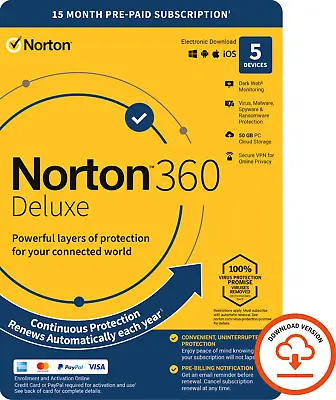 £13.99 • Buy Norton 360 Deluxe Antivirus 2022/2023, 5 Devices, 12+3 MONTHS - Delivery By Post