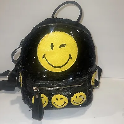 Black Sequin Backpack - Smiley Face Imbags 1979 9” Tall • $24.99