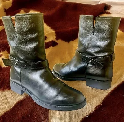 MADEWELL 1937 Biker Moto Boot Black Leather Pull On Ankle Strap Womens 7 • $59.99