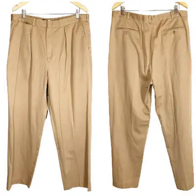 Lands End Mens Pants 38 Long Khaki Beige Cotton Pleated Front Suspender Ready • $14.99