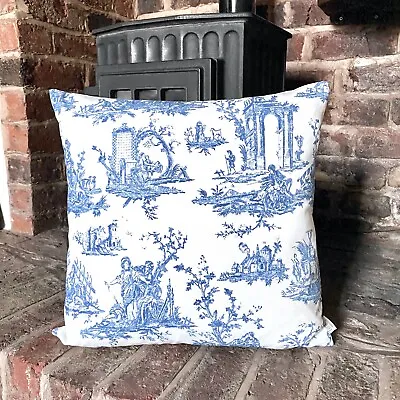 1039. Indigo Blue Toile De Jouy 100% Cotton Cushion Cover Various Sizes • £17