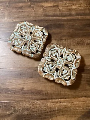 Vintage Set Of 2  Wood Carved Trivets Hot Plates 7” X 7” Turquoise Distressed • $14.99