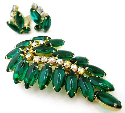 MASSIVE PERFECT Emerald Green Marquis Cabochon Prong Set Brooch & Earrings • $95
