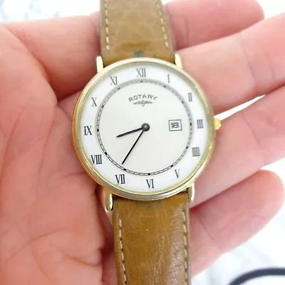 Rotary Claridge Mens Watch Quartz Leather Strap Gold Plated Date Adjust Vintage • £34.99