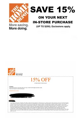 Home Depot Coupon - 15% Off  In Store Only- Valid Til 4/7/24 • $30