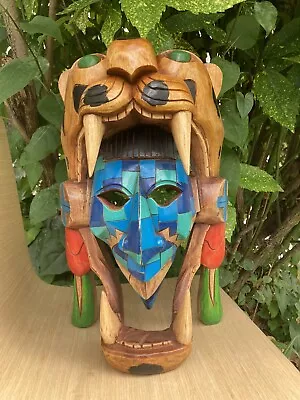 Hand Carved Mayan Wood Mask Warrior Pyramid Artwork Jaguar Snake Mexico Cedar  • $225