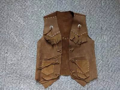 Vintage WESTERN Split Suede COWHIDE Fringe Vest 38-40 Brown Leather HANDCRAFTED • $139.95