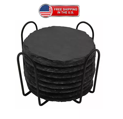 $24.99 • Buy Slate Drink Coasters With Metal Holder, GOH DODD 4 Inch 8 Pieces Black Stone...