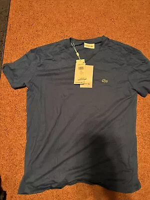 $27 • Buy Men's Lacoste Navy Blue Short Sleeve Pima Cotton V-Neck Jersey T-Shirt