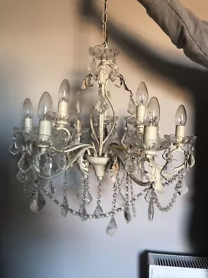 Beautiful Large 9 Light White Antique-style Metal And Glass Chandelier • £30