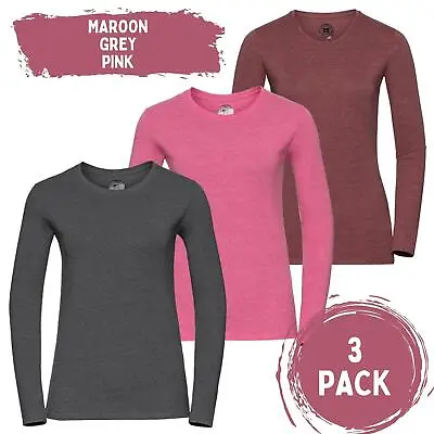 Womens Ladies 3 Pack Plain Long Sleeve T-Shirt Top Fitted Stretch Basic Casual • £10.99