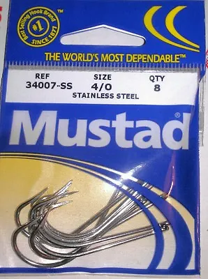 Mustad 34007-SS 4/0 Stainless Steel Fishing Hooks Qty. 8 • $4