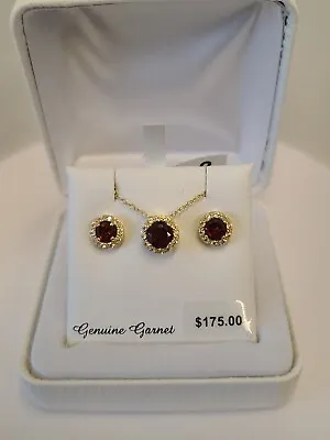 18k Gold Over Silver Garnet Halo Pendant Necklace & Stud Earring Set • $11.50