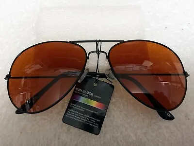 Large Aviator Sunglasses With Amber Blue Block Lens Black Frame Unisex • $11.95