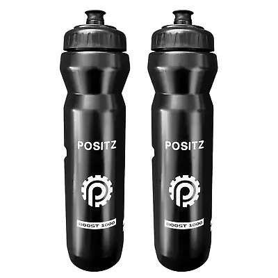 2x Positz Boost 1000ml Water Bottles 1 Litre Black Huge Capacity Push Pull Valve • $27.95