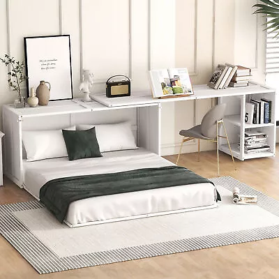 Queen Size Murphy Bed 3-in-1 Floor Bed Frame With Rotatable Desk And Shelves US • $654.79