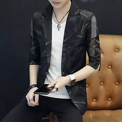 Mens Korean Fashion Summer Jackets Hollow Out Short Sleeves Lapel Collar Blazer • $26.67