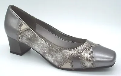 Ladies Size 3 6.5 Silver Pewter Slip On Low Block Heel Court Wider Fit Shoes • £14.99