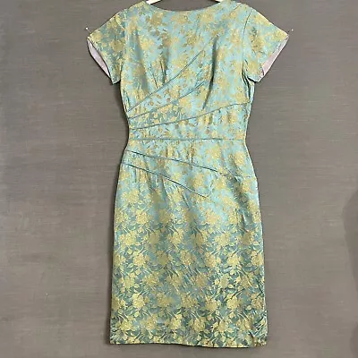 Vintage Handmade Dress S Blue Green Gold Brocade Sheath 50s 60s 70s Mod Cocktail • $35.99