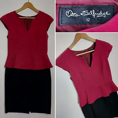 Ladies MISS SELFRIDGE Raspberry & Black Peplum Pencil Wiggle Dress Size UK 12  • £10.50